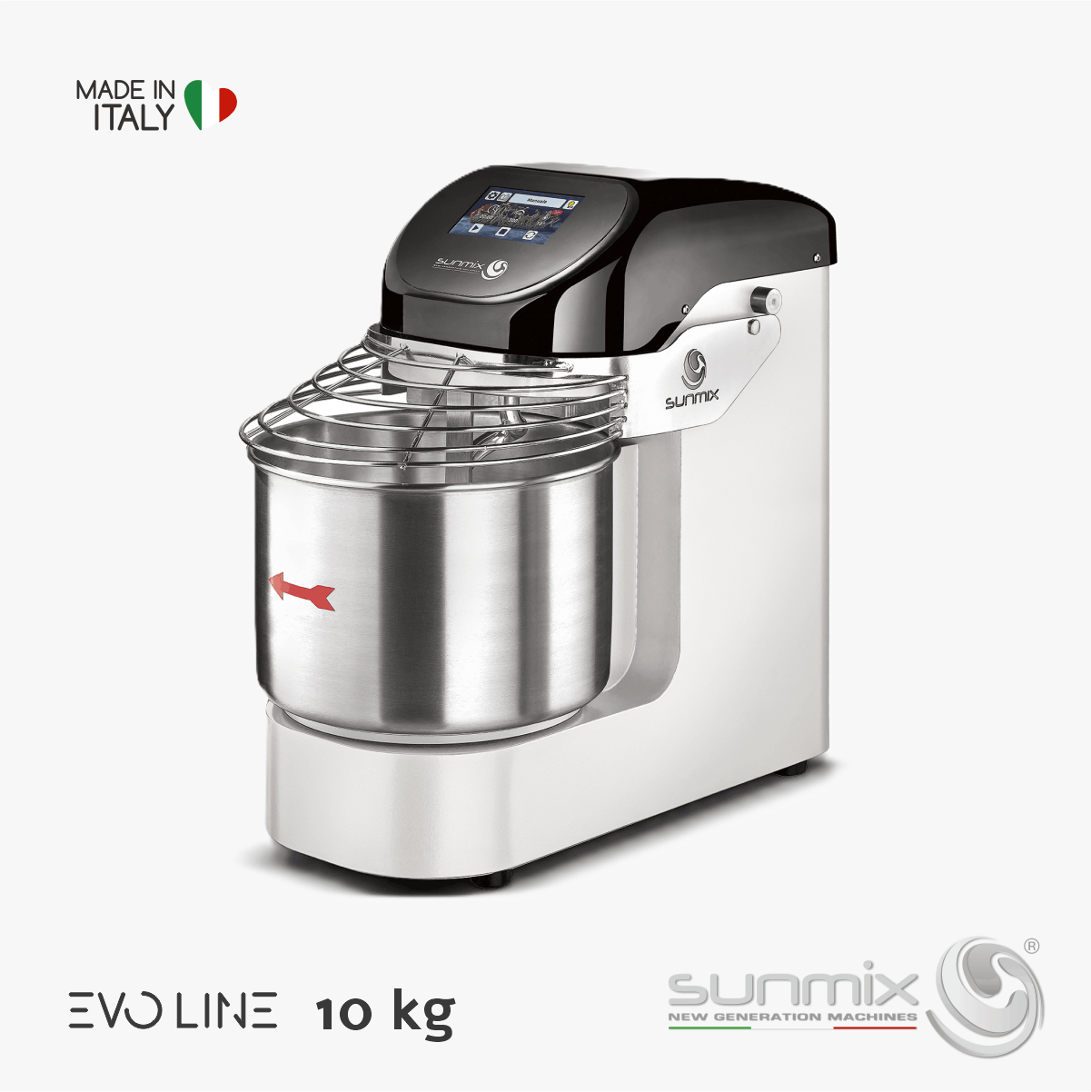 Sunmix EVO10 Spiralknetmaschine 10 kg mit Touchscreen Inverter für Pizza- und Brotteig Reinweiß