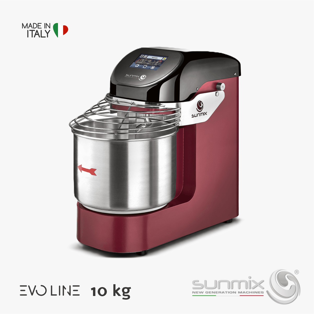 Sunmix EVO10 Spiralknetmaschine 10 kg mit Touchscreen Inverter für Pizza- und Brotteig Rubinrot