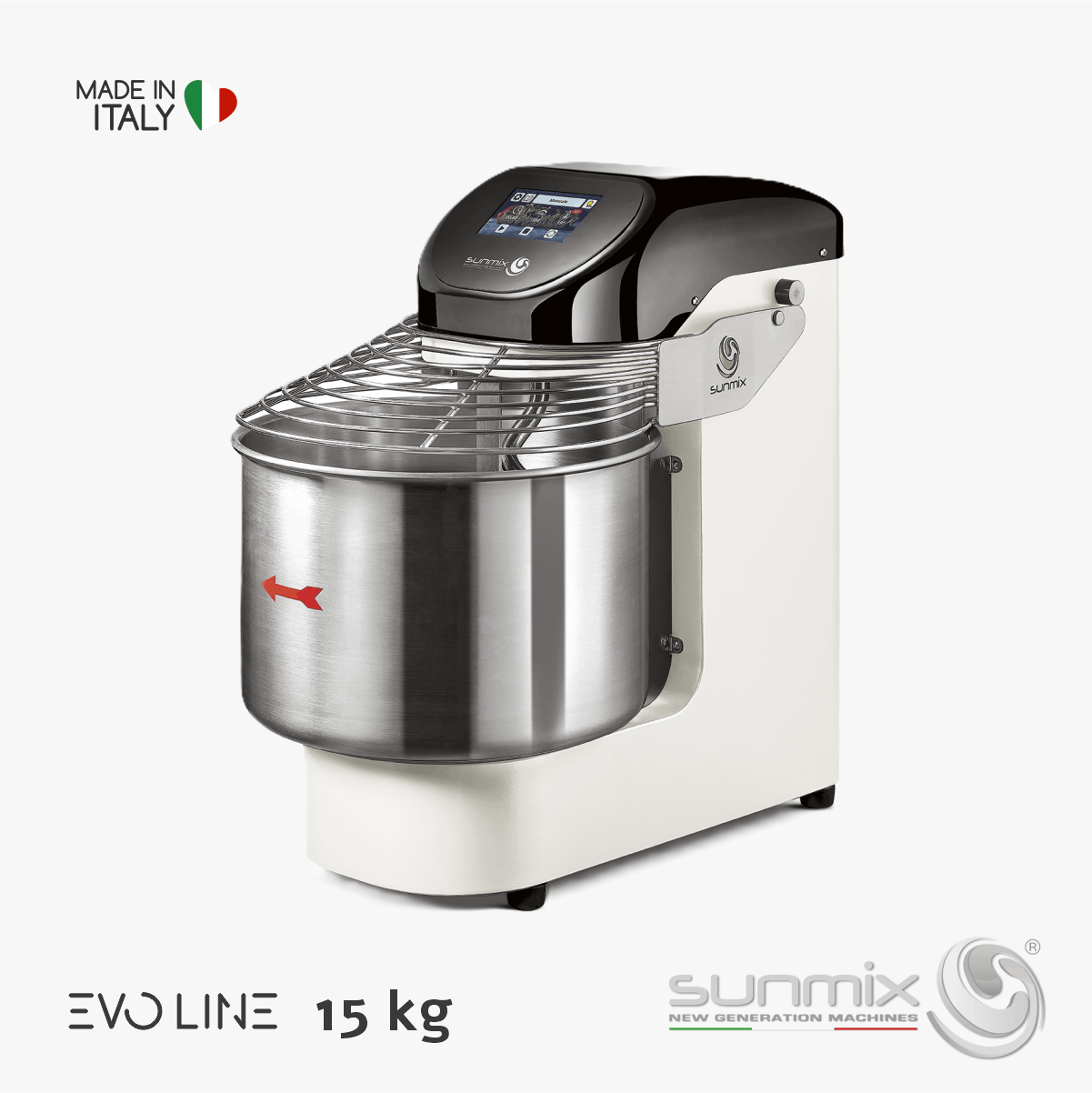 Sunmix EVO15 Spiralknetmaschine 15 kg mit Touchscreen Inverter für Pizza- und Brotteig Reinweiß