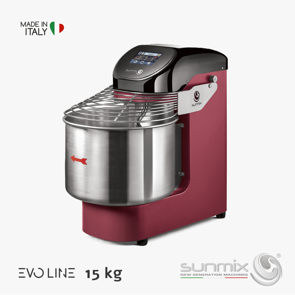 Sunmix EVO15 Spiralknetmaschine 15 kg mit Touchscreen Inverter für Pizza- und Brotteig Rubinrot