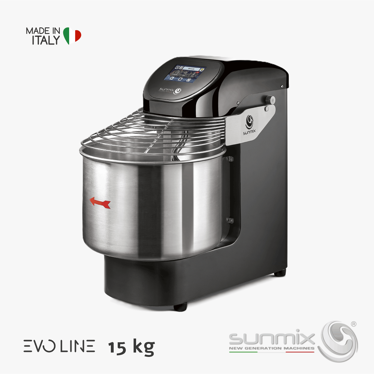 Sunmix EVO15 Spiralknetmaschine 15 kg mit Touchscreen Inverter für Pizza- und Brotteig Tiefschwarz