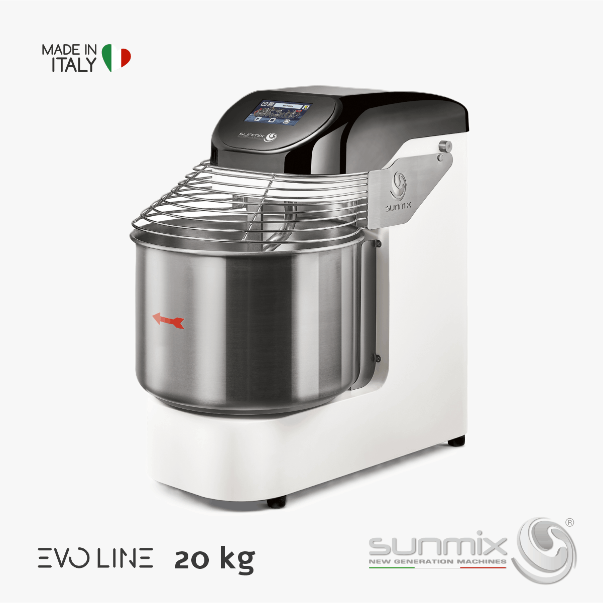 Sunmix EVO20 Spiralknetmaschine 20 kg mit Touchscreen Inverter für Pizza- und Brotteig Reinweiß
