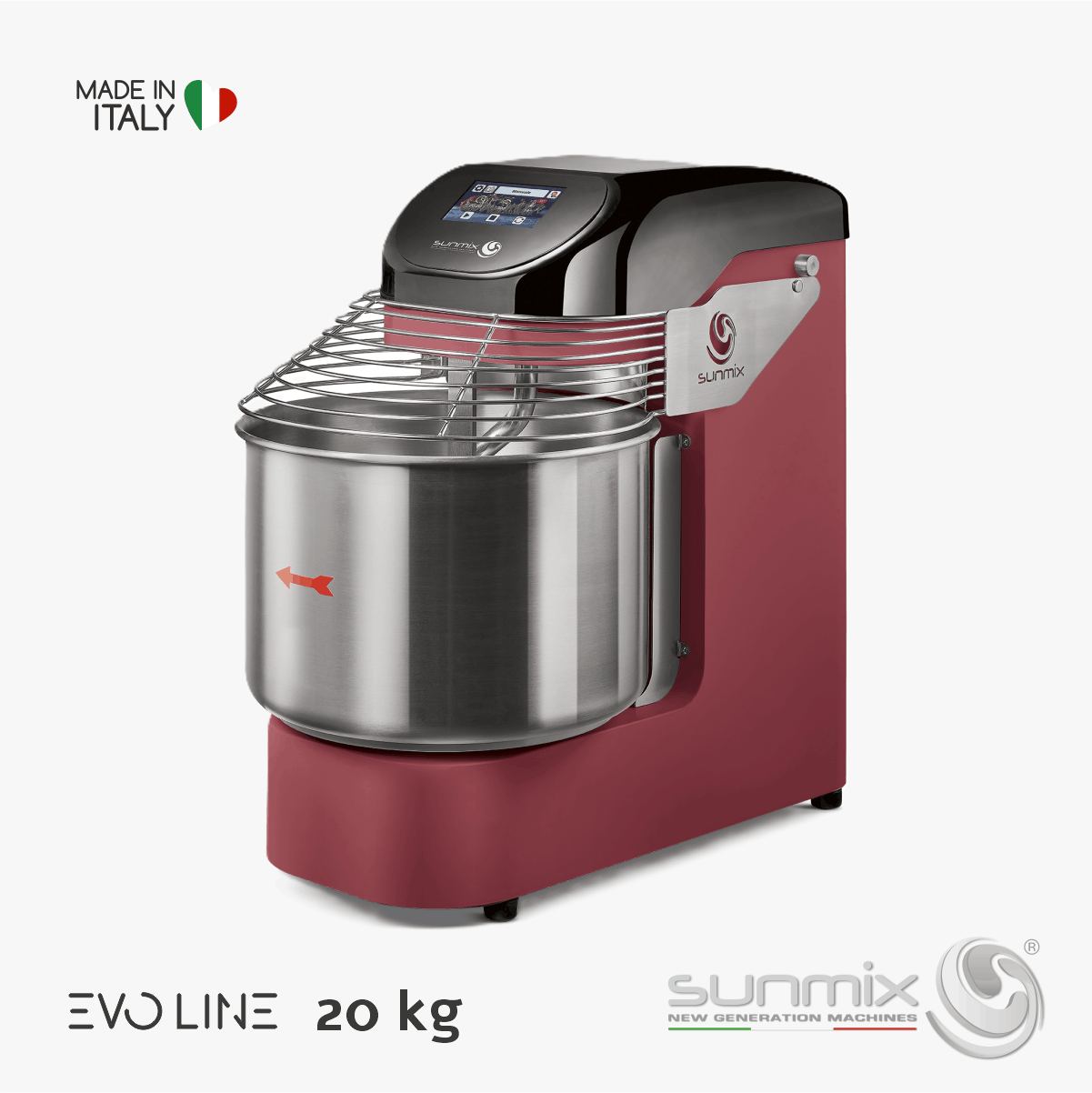 Sunmix EVO20 Spiralknetmaschine 20 kg mit Touchscreen Inverter für Pizza- und Brotteig Rubinrot