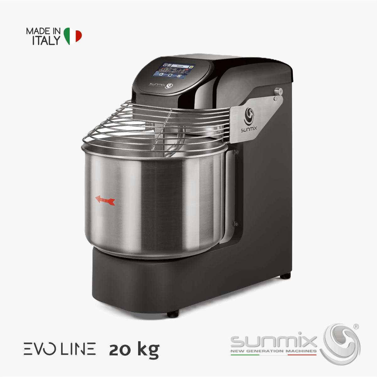 Sunmix EVO20 Spiralknetmaschine 20 kg mit Touchscreen Inverter für Pizza- und Brotteig Tiefschwarz