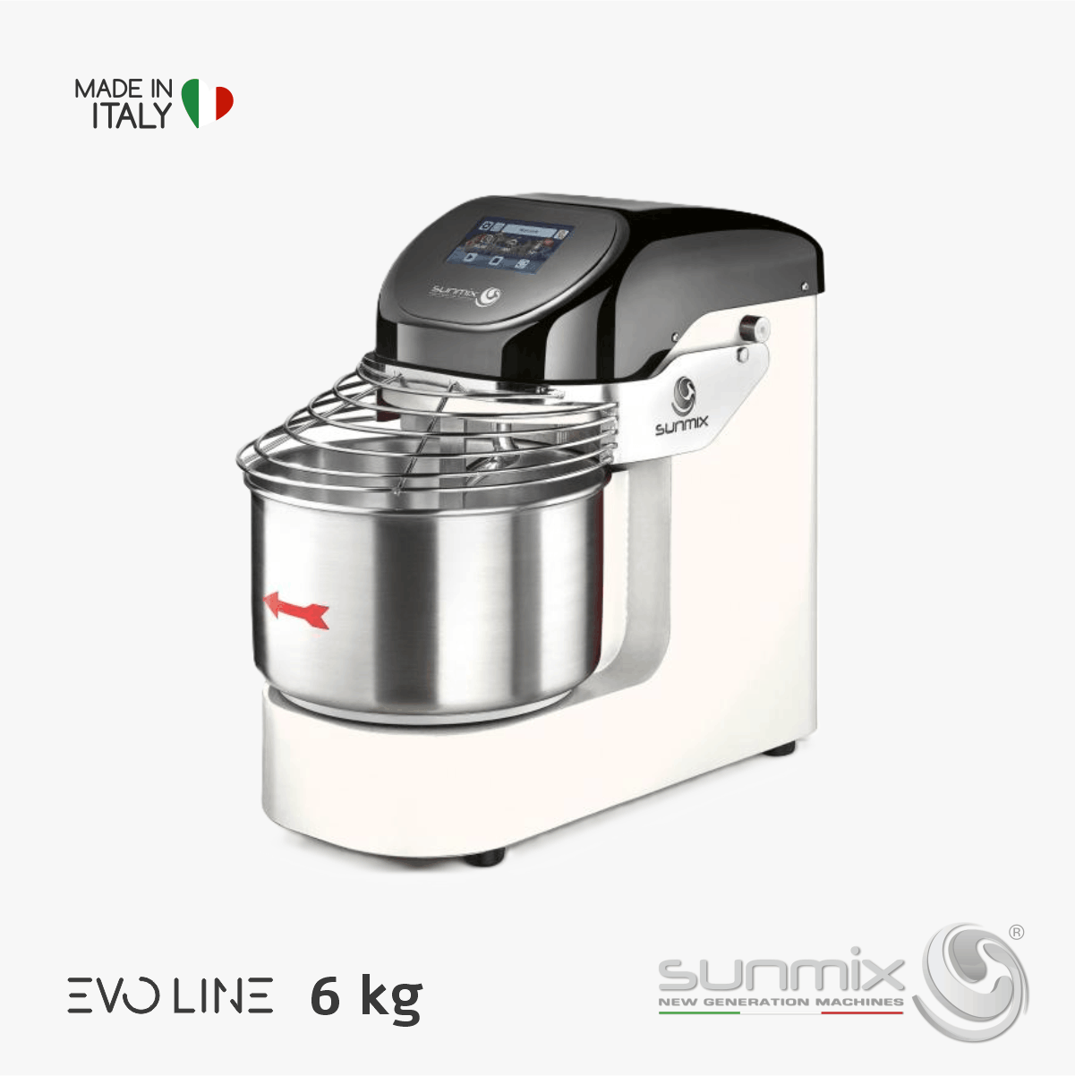 Sunmix EVO6 Spiralknetmaschine 6 kg mit Touchscreen Inverter für Pizza- und Brotteig Reinweiß