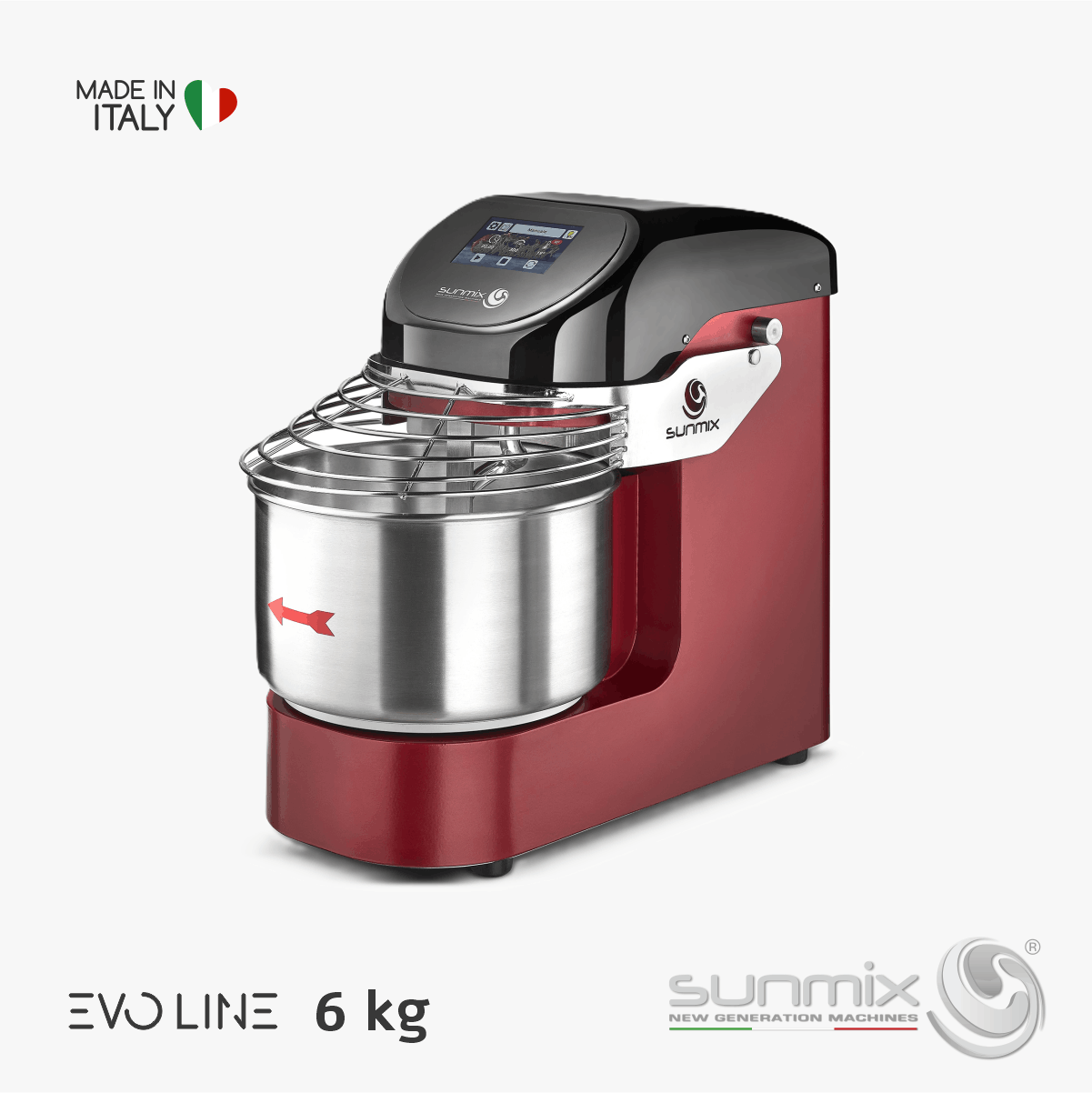 Sunmix EVO6 Spiralknetmaschine 6 kg mit Touchscreen Inverter für Pizza- und Brotteig Rubinrot