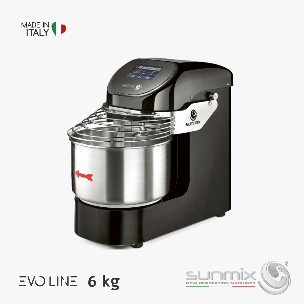Sunmix EVO6 Spiralknetmaschine 6 kg mit Touchscreen Inverter für Pizza- und Brotteig Tiefschwarz