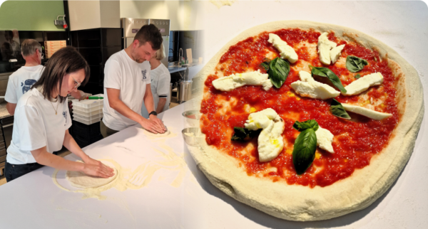 Pizzateig richtig belegen Praxisübung im Pizzakurs für Anfänger und Fortgeschrittene