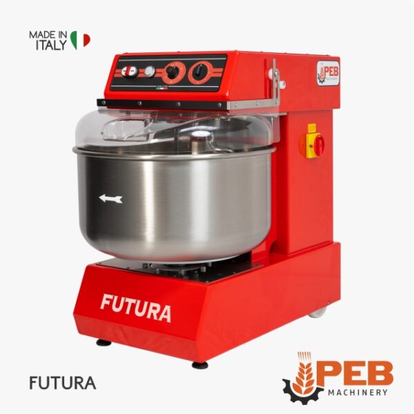 Seitenansicht Spiralknetmaschine für Pizza PEB Machinery FUTURA in Rot