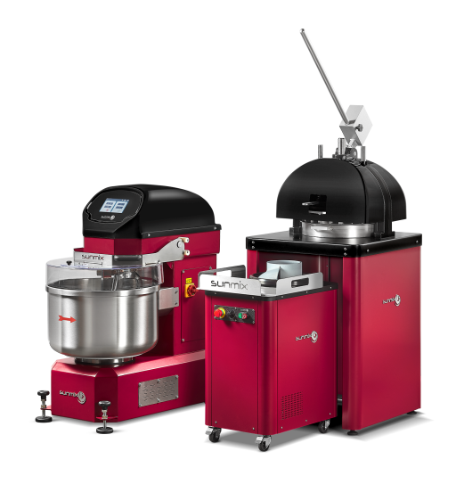 Sunmix NOVA manueller Teigteiler mit Sunmix MOON Teigabrunder und Sunmix Spiral-Knetmaschinen in Rot