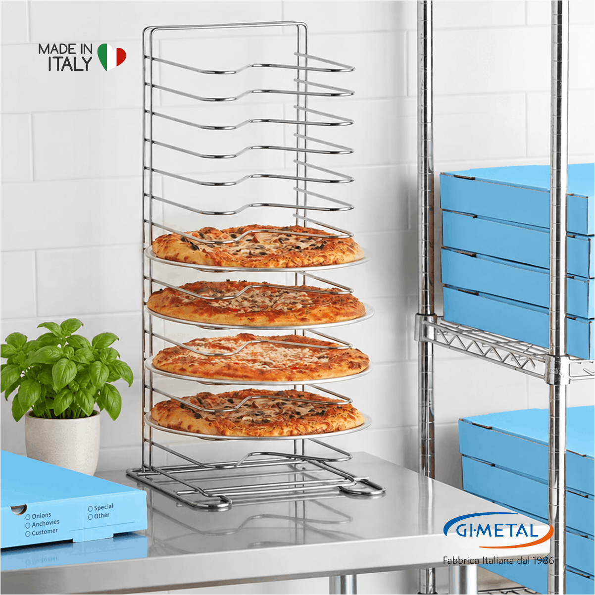 GiMetal AC PRO Gittergestell mit vorbereiteten Pizzas