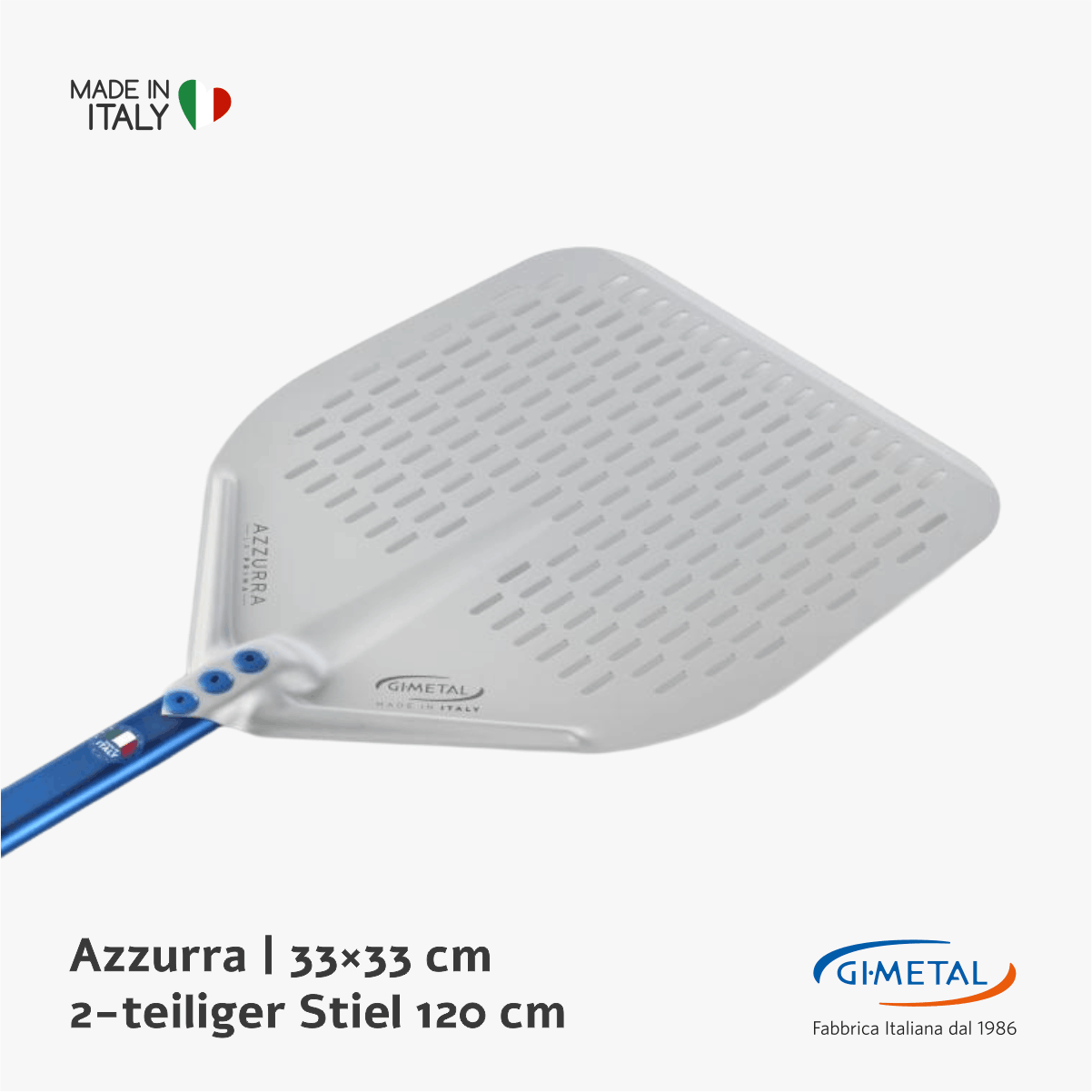 GiMetal Azzurra Pizzaschaufel perforiert 33×33 cm Aluminium 2 teiliger Stiel 120 cm A-32RFX-120