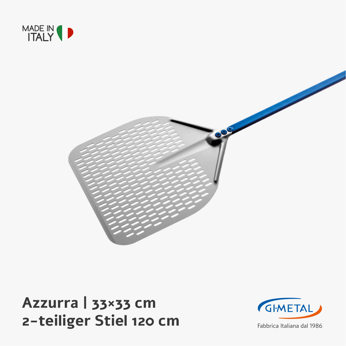 GiMetal Azzurra Pizzaschaufel perforiert 33×33 cm Aluminium 2 teiliger Stiel 120 cm A-32RFX-120