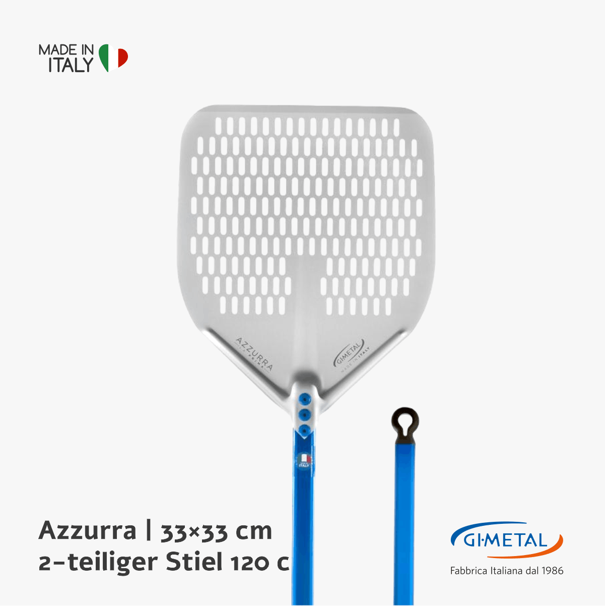 GiMetal Azzurra Pizzaschaufel perforiert 33×33 cm Aluminium 2 teiliger Stiel 120 cm A-32RFX-120