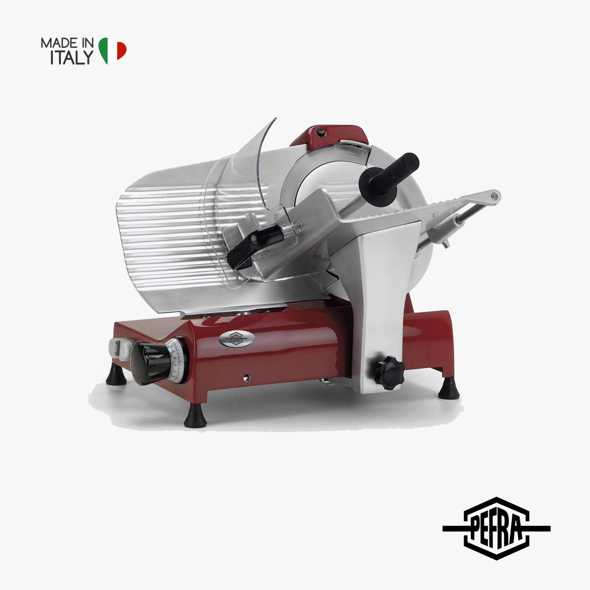 PEFRA PFAR 250 Aufschnittmaschine mit Messer Ø 250 mm, rotes Aluminiumgehäuse, Made in Italy