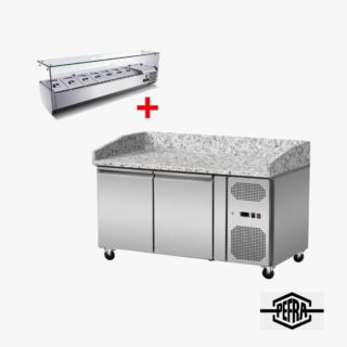 PEFRA Pizzakühltisch mit 2 Türen und Kühlaufsatz GN 1/3 mit Glas, 151 × 80 cm