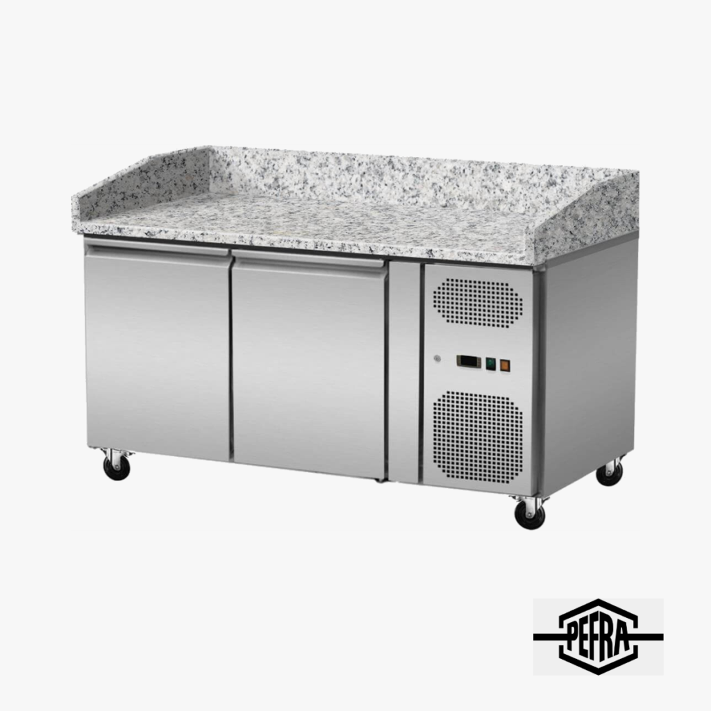 PEFRA Pizzakühltisch 2 Türen, Granitplatte rosa-grau, Euronorm 600 × 400 – 151 × 80 cm PEFRA Pizzakühltisch mit 2 Türen und Granitplatte rosa-grau, 151 × 80 cm
