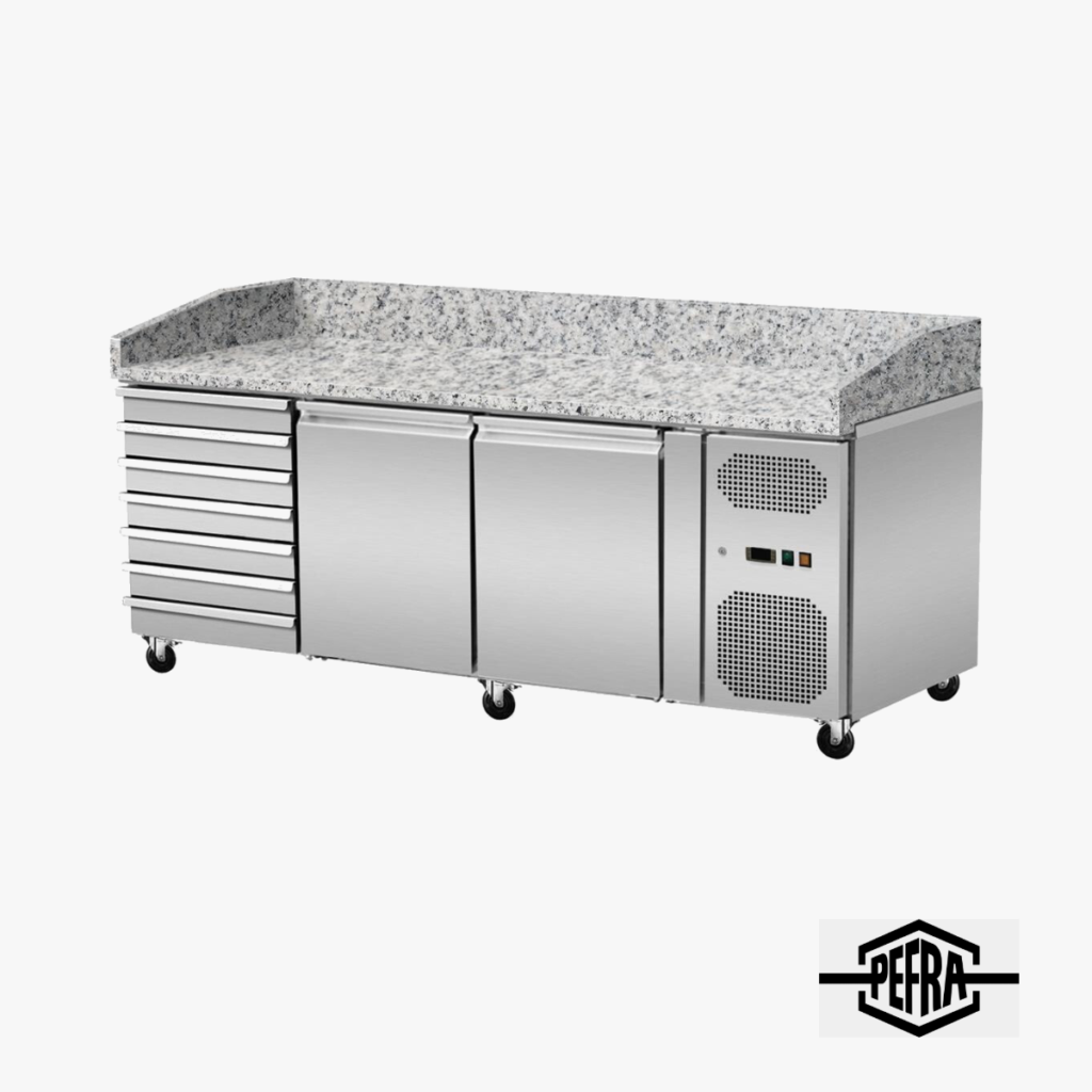PEFRA Pizzakühltisch 2 Türen + 7 Schubladen für Pizzaballenboxen, Granit rosa-grau – 203 × 80 cm PEFRA Pizzakühltisch mit 2 Türen und 7 ungekühlten Schubladen für Pizzaballenboxen, 203 × 80 cm