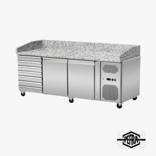 PEFRA Pizzakühltisch mit 2 Türen und 7 ungekühlten Schubladen für Pizzaballenboxen, 203 × 80 cm