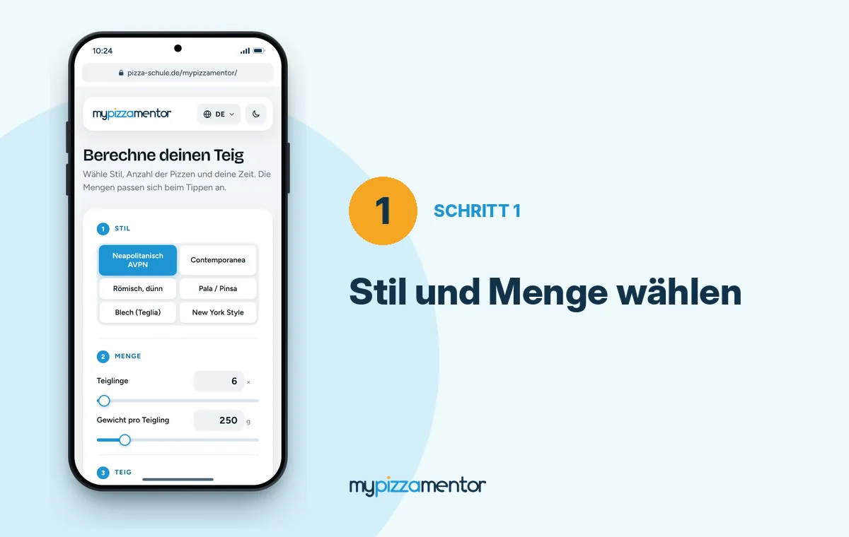 MyPizzaMentor Schritt 1: Pizzastil und Anzahl der Teiglinge wählen