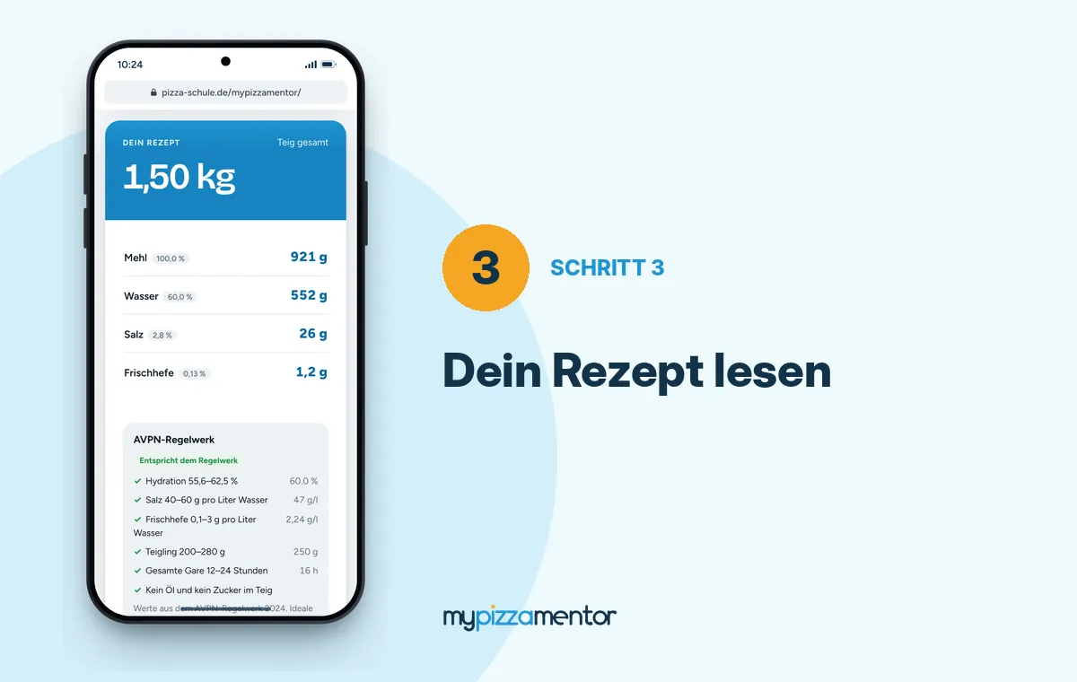 MyPizzaMentor Schritt 3: das berechnete Rezept mit Mehl, Wasser, Salz und Hefe