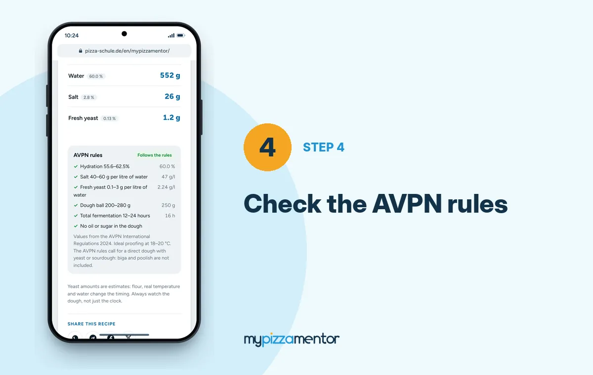 MyPizzaMentor step 4: checking the recipe against the AVPN rules
