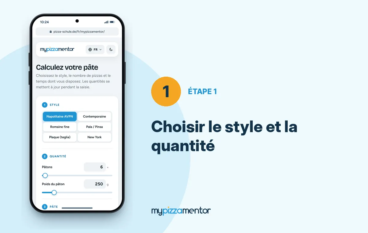 MyPizzaMentor étape 1 : choisir le style de pizza et le nombre de pâtons