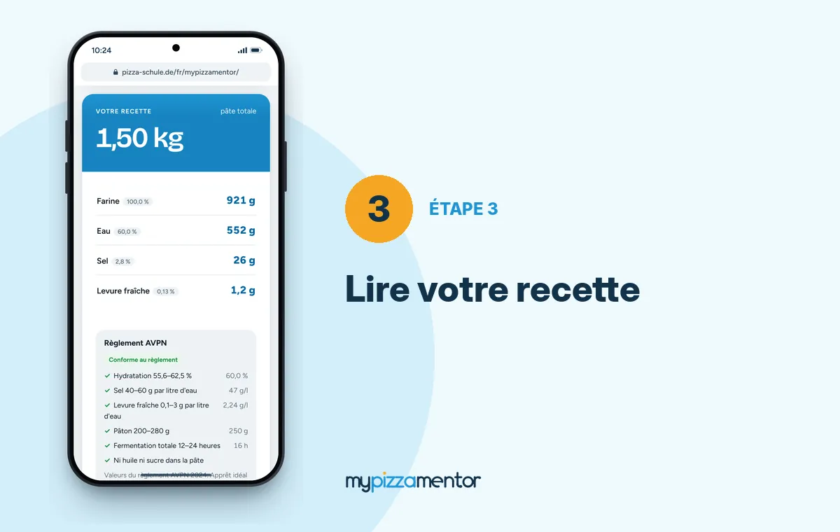 MyPizzaMentor étape 3 : la recette calculée avec farine, eau, sel et levure