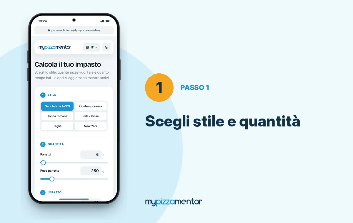 MyPizzaMentor passo 1: scegliere lo stile di pizza e il numero di panetti