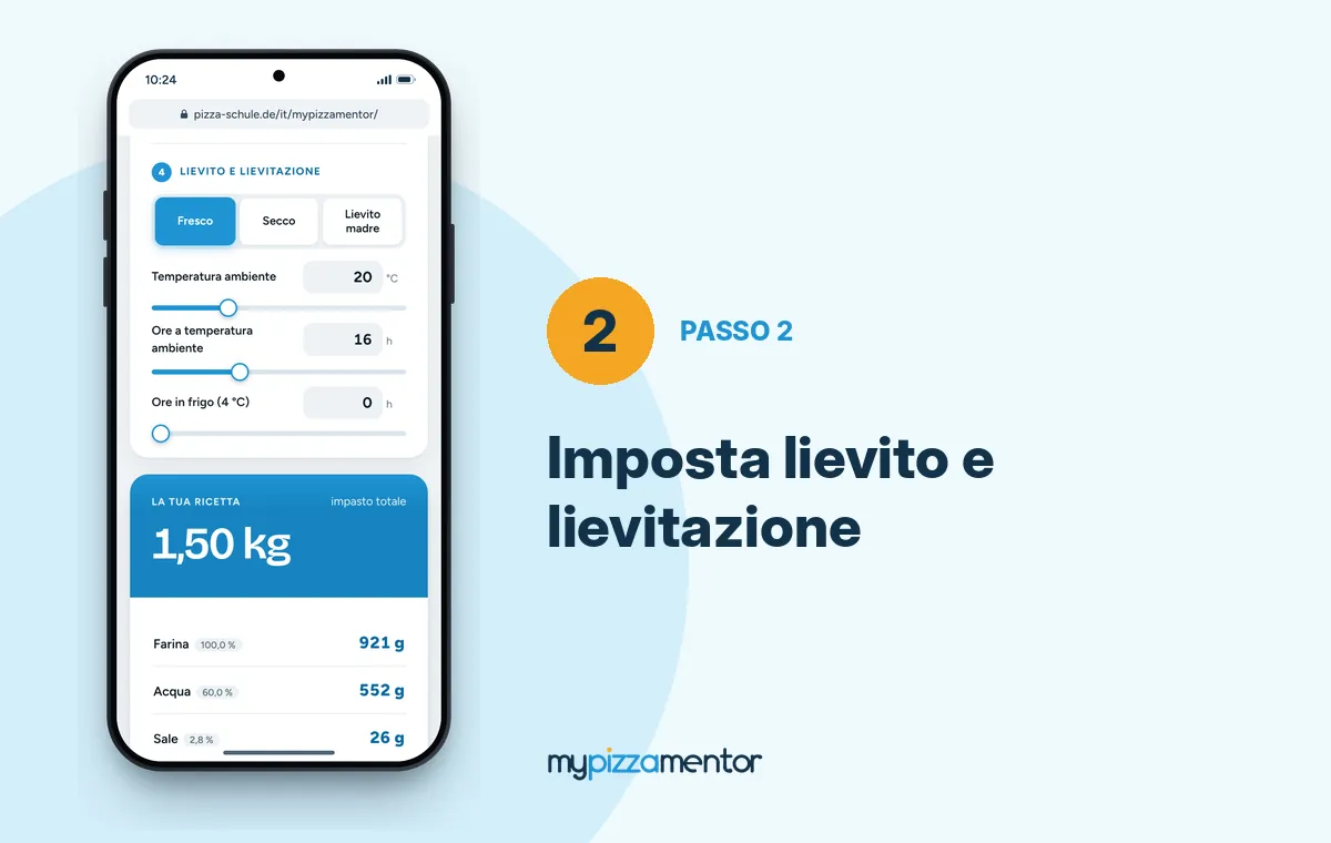 MyPizzaMentor passo 2: tipo di lievito, temperatura ambiente e ore di lievitazione