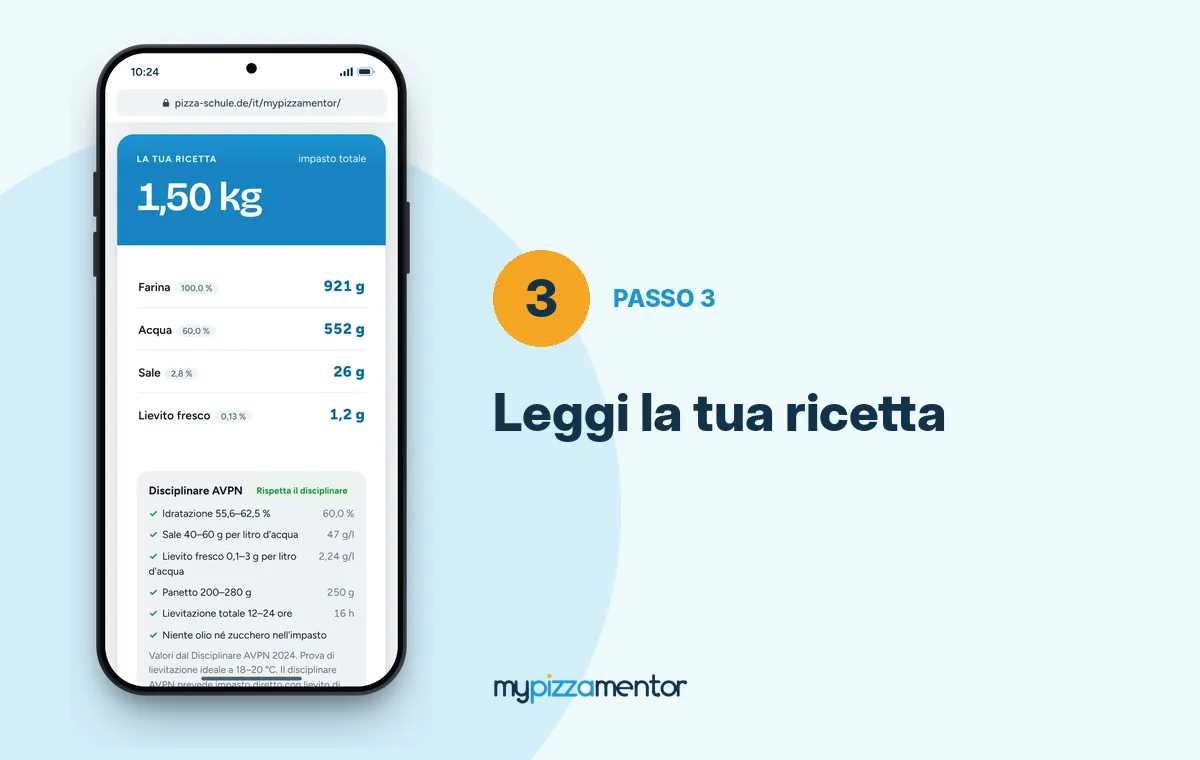MyPizzaMentor passo 3: la ricetta calcolata con farina, acqua, sale e lievito