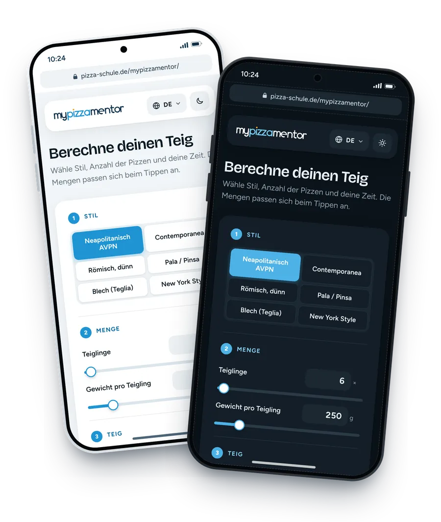 MyPizzaMentor Pizzateig-Rechner auf dem Smartphone im hellen und dunklen Design