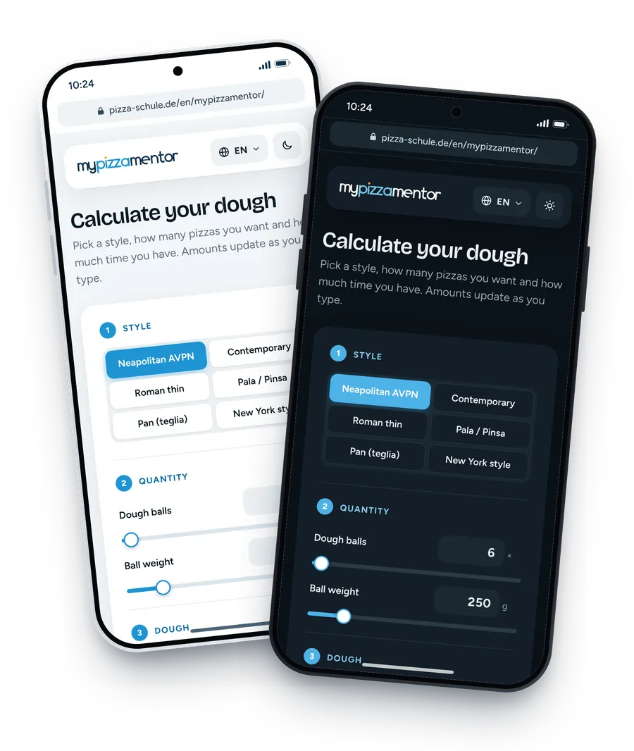 The MyPizzaMentor dough calculator on a smartphone in light and dark mode