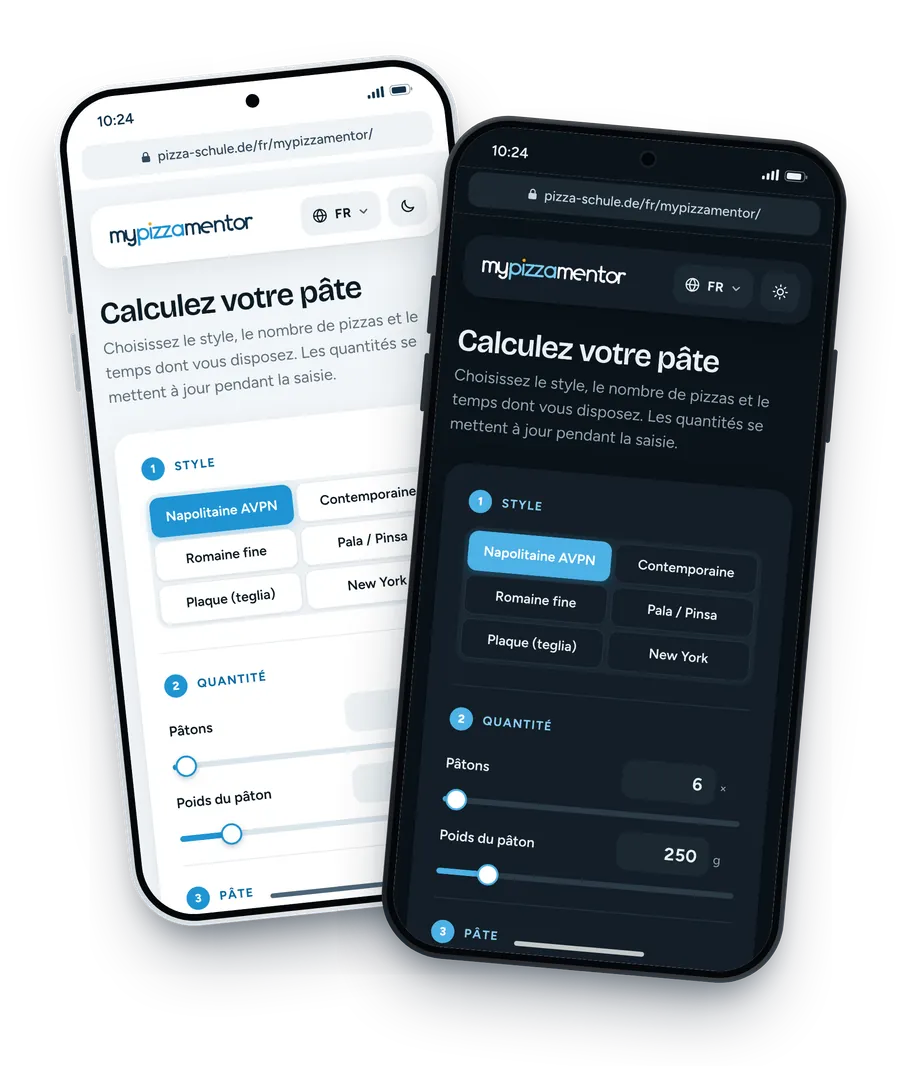Le calculateur de pâte MyPizzaMentor sur smartphone, en mode clair et sombre