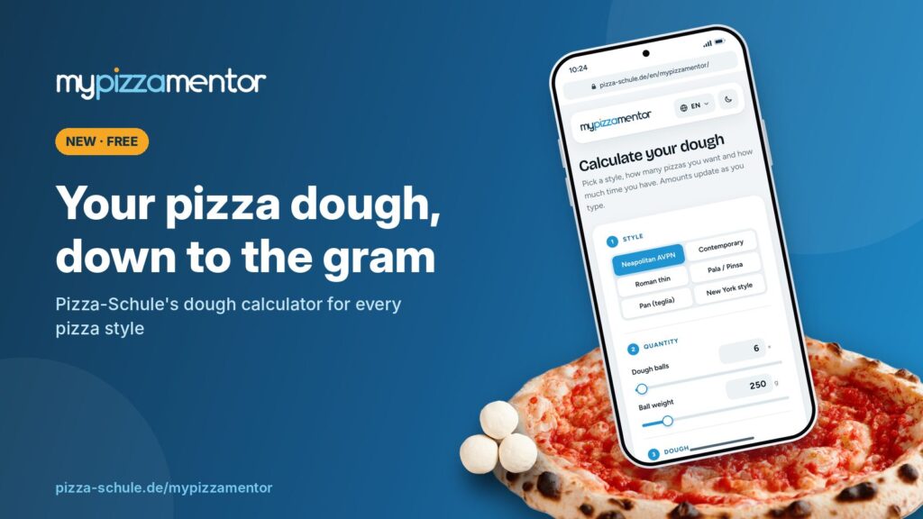 Pizza-Schule's MyPizzaMentor dough calculator on a smartphone with a Neapolitan pizza