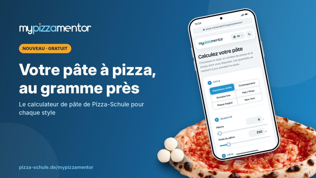 Le calculateur de pâte MyPizzaMentor de Pizza-Schule sur smartphone avec une pizza napolitaine