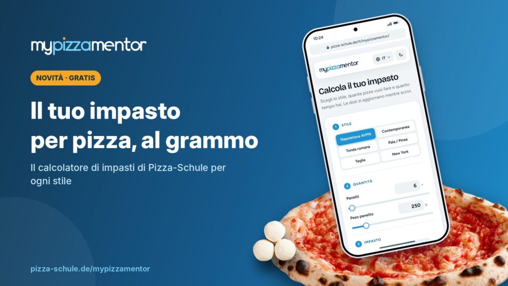 Calcolatore di impasti MyPizzaMentor di Pizza-Schule sullo smartphone con pizza napoletana